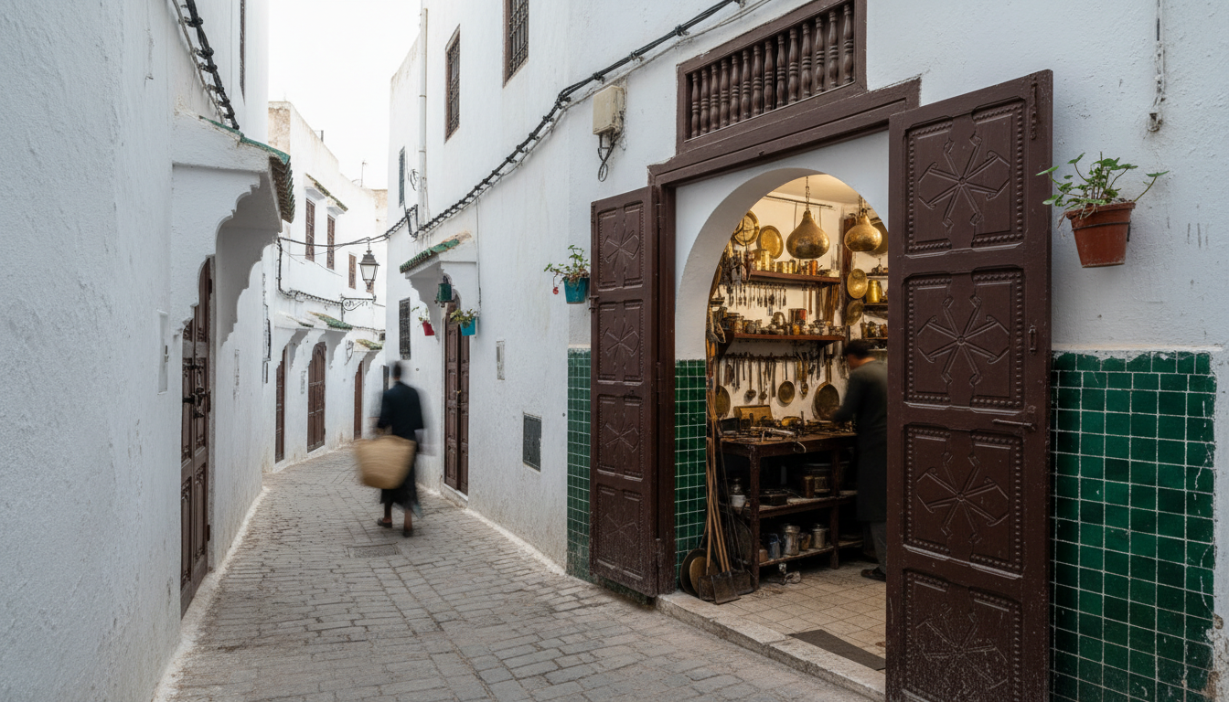 White Andalusian style lane in the Tetouan medina with carved doors and a craftsman's workshop
