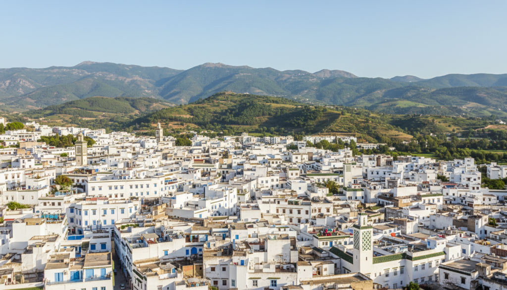 Panoramic view of Tetouan, the white city below the Rif mountains, a day trip from Tangier